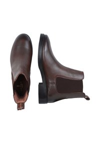 Brązowe skórzane botki za kostkę z elastycznymi panelami bocznymi, okrągłym noskiem i teksturowanym wykończeniem. Posiadają pętelkę oraz solidną czarną gumową podeszwę.