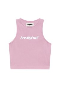 Top corto rosa senza maniche con texture a coste e logo bianco "lowlights" sul petto, taglia small.