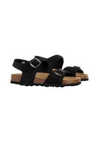 Sorte sandaler med to justerbare stropper, en korksål og en gummisåle. Har sølvspænder og en tekstureret overflade.
