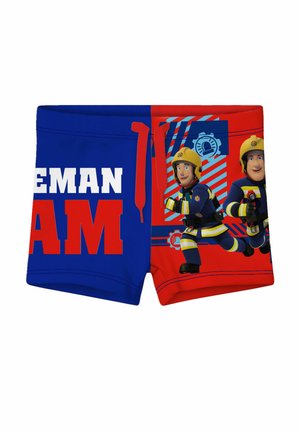 Kinder-Badehose mit blauem und rotem Design, mit animierten Feuerwehrmännern, die laufen, und großem Blocktext "FEUERWEHRMANN".