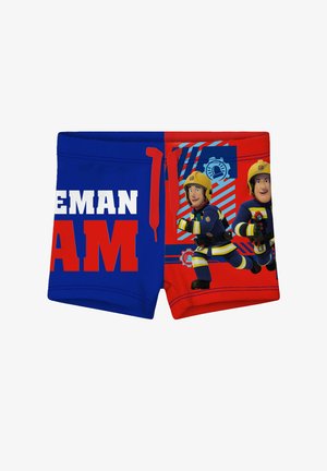 Costume da bagno per bambini con design blu e rosso, con vigili del fuoco animati che corrono e grande testo a blocchi "POMPIERE".