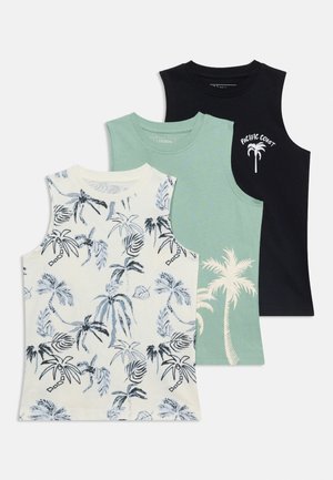 Τρία αμάνικα μπλουζάκια με σχέδια φοίνικα: λευκό με μαύρο και γκρι μοτίβο, πράσινο με μεγάλο λευκό φοίνικα, μαύρο με μικρό λευκό κείμενο και φοίνικα.