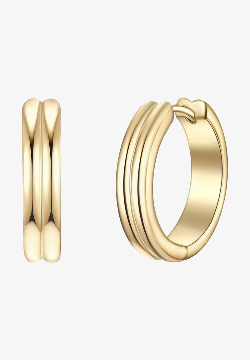 Zlate uhane v obliki obroča z obliko trojnega pasu in gladko, polirano površino. Kompaktna in okrogla oblika, z varnim sponko.