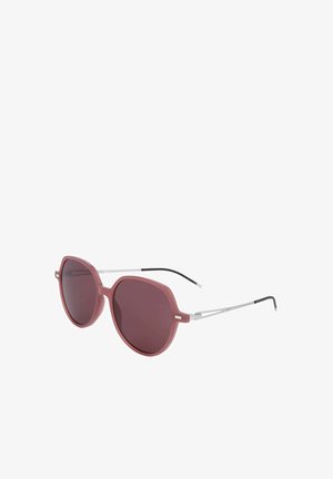 Occhiali da sole rotondi con montature rosa smorzato e lenti scure, con sottili aste metalliche argento con punte nere.