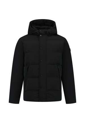 Schwarze gepolsterte Jacke mit Kapuze, ausgestattet mit einem Knopf- und Reißverschluss, zwei seitlichen Taschen und einer gesteppte Textur. Lässiges Design.