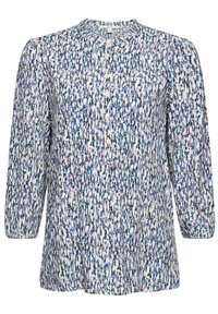 Blouse à manches longues en tissu léger, ornée d'un imprimé abstrait multicolore aux tons bleus, roses et blancs. Encolure ronde avec détails à boutons.