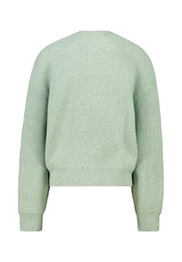 Light green ribbed sweater with long sleeves, dropped shoulders, and a cropped hem. Soft texture with horizontal rib pattern throughout.