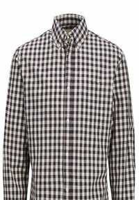 Camicia a quadri con colletto button-down classico, realizzata in tessuto leggero a scacchi viola scuro e crema, con taschino sul petto.