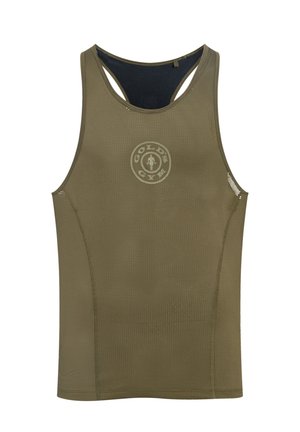 Olive green bezrękawnik na siłownię z siateczkową tkaniną i logo Gold's Gym umieszczonym na środku klatki piersiowej.