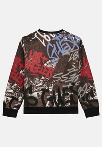 Felpa realizzata in tessuto morbido con una base nera, caratterizzata da motivi graffiti multicolori in rosso, blu e bianco. Maniche con polsini a costine.