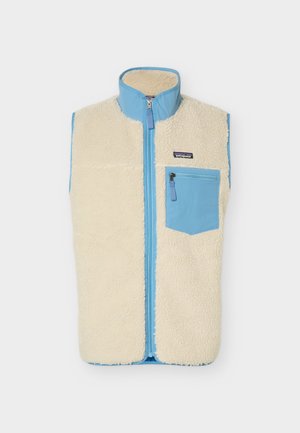 Kremfarget fleecevest med himmelblå krage, frontglidelås og glidelåslomme på brystet, Patagonia-logo på brystlomma.