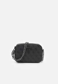 Borsa rettangolare nera in tessuto con motivo a logo in rilievo. Dotata di tracolla a catena e dettaglio logo triangolare.