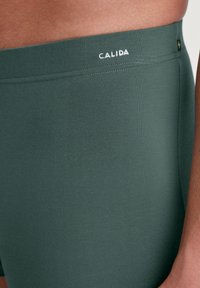 Donkergroene zwemshorts met een zachte textuur, voorzien van een CALIDA-logo op de tailleband en een naadloos ontwerp voor comfort.
