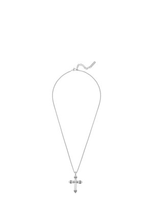 Silver chain necklace with a decorative cross pendant featuring black details and the word "POLICE" on the horizontal bar.