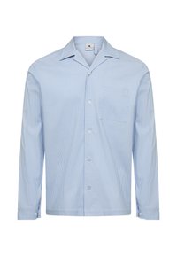 Lysblå skjorte med knapper og lange ærmer, der har tynde vertikale hvide striber, en krave og en brystlomme. Blød tekstur.