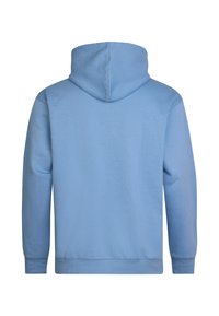 Světle modrá mikina s kapucí, vroubkovanými manžetami a lemem. Vyrobena z měkké tkaniny, která má hladkou texturu a neviditelné logo.