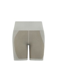 Knielange, strakke shorts in lichtgrijs met een gestructureerd, gestreept ontwerp. Heeft een gladde tailleband en contrasterende, patroonaccenten.