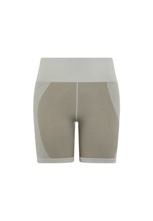 Pantaloni corti aderenti fino al ginocchio di colore grigio chiaro con un design a righe testurizzato. Presentano un elastico in vita liscio e dettagli a fantasia in contrasto.