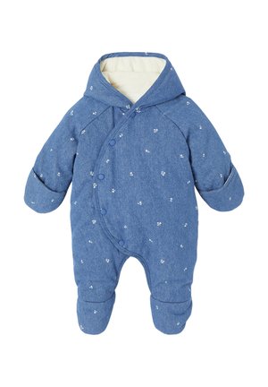Blue hooded infant snowsuit with small white floral prints, front snap buttons, and fold-over cuffs on sleeves and feet.