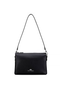 Czarna skórzana torebka na ramię o gładkiej fakturze, z srebrnym logo i cienkim regulowanym paskiem. Zapięcie na suwak u góry.