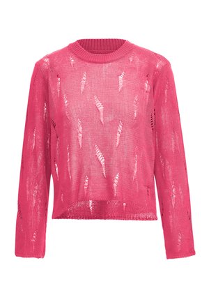 Lyserød strikket sweater med lange ærmer, rund halsudskæring og åbne stikdetaljer overalt. Tekstureret stof med en løs, cropped pasform.
