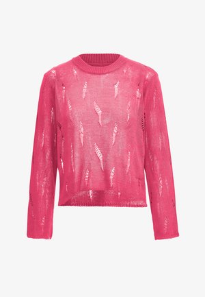 Roze gebreide trui met lange mouwen, ronde halslijn en opensteekdetails. Getextureerde stof met een losse, cropped fit.