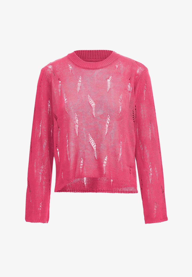 Růžový pletený svetr s dlouhými rukávy, kulatým výstřihem a otevřenými stehny po celém povrchu. Texturovaná látka s volným, zkráceným střihem.