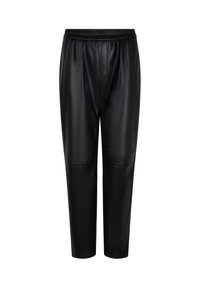 Zwart leren broek met een ontspannen pasvorm, voorzien van een elastische tailleband, een soepele textuur en zonder zichtbare zakken of hardware.