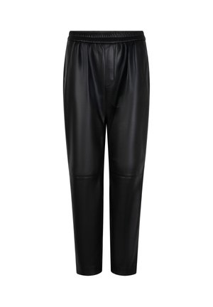 Black leather pants with a relaxed fit, featuring an elastic waistband, smooth texture, and no visible pockets or hardware.