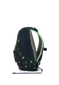 Rucksack in dunkelgrün mit leuchtend grünem Blitzmuster. Verfügt über doppelte Reißverschlüsse, gepolsterte Rückseite und verstellbare Träger. Leichtes Design.