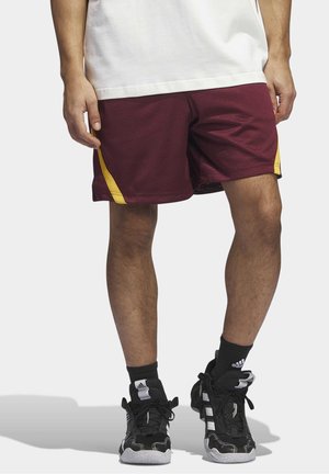 Mężczyzna ubrany w bordowe sportowe spodenki z żółtymi paskami, czarne skarpetki Adidas i czarne buty sportowe Adidas, stojący na jasnym tle.