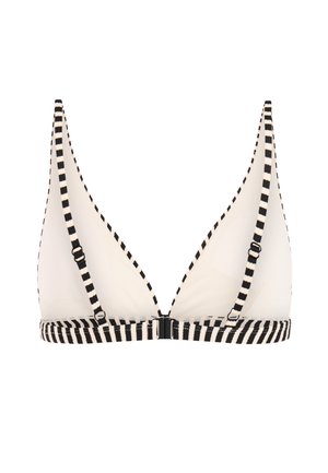 Witte triangelbikinitop met zwarte horizontale strepen. Verstelbare bandjes en een sluiting met haakje. Glad, lichtgewicht stof.