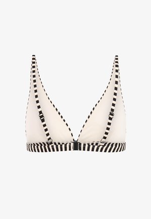 Witte triangelbikinitop met zwarte horizontale strepen. Verstelbare bandjes en een sluiting met haakje. Glad, lichtgewicht stof.