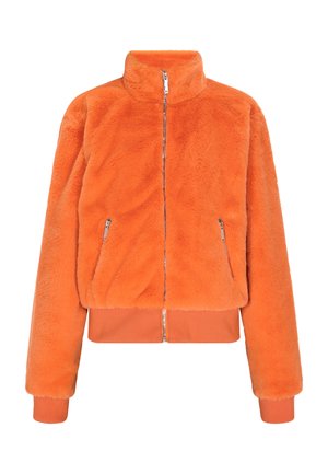 Giacca zip-up in finta pelliccia arancione con colletto alto, polsini e vita a costine e due tasche laterali con zip per un tocco di dettaglio in più.