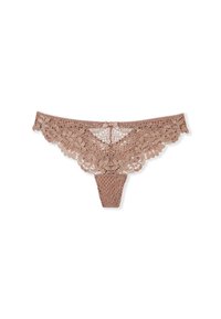 Veterslip in een zachte beige kleur, met bloemmotieven, gegolfde randen en een klein strikje in het midden aan de voorkant.