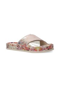 Floral slide sandals in pink and silver with a glossy upper, open toe design, and a patterned floral outsole. Textured details enhance appearance.
