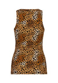 Mouwloze top met een luipaardprintpatroon, in tinten van oranje, zwart en crème. Gemaakt van een ribbelstof met een nauwsluitend ontwerp.