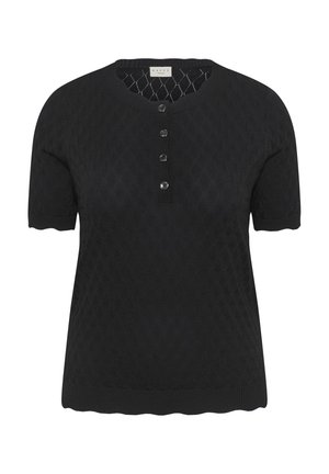 Black short-sleeve knit top with subtle diamond pattern, round neckline, four-button placket, and ribbed hem and cuffs.
