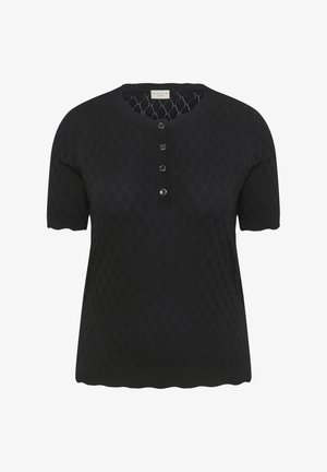 Haut en maille noir à manches courtes avec un motif subtil en losange, encolure ronde, patte à quatre boutons, et ourlet et poignets côtelés.