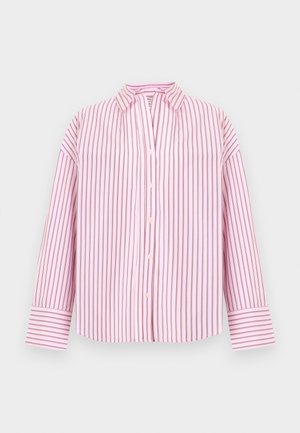 Lys rosa langermet skjorte med vertikale mørk rosa striper, knappestilling foran, spiss krage og vide mansjetter.