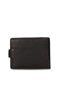 Portafoglio in pelle nera con texture liscia, forma rettangolare e chiusura a patta laterale. Presenta cuciture ordinate lungo i bordi.