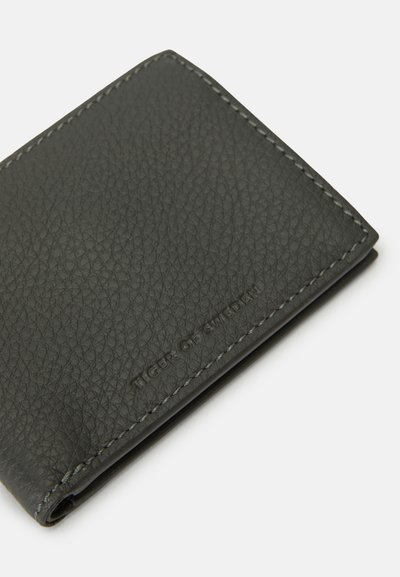 Black leather wallet with a textured finish, rounded corners, and contrasting gray stitching. The brand name is embossed on the front.