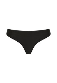 Μαύρο στρινγκ εσώρουχο με λείο, ελαστικό ύφασμα, μινιμαλιστικό σχεδιασμό και μέση χαμηλής εφαρμογής. Χωρίς σχέδια ή διακοσμητικά στοιχεία.