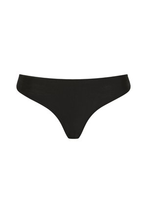 Μαύρο στρινγκ εσώρουχο με λείο, ελαστικό ύφασμα, μινιμαλιστικό σχεδιασμό και μέση χαμηλής εφαρμογής. Χωρίς σχέδια ή διακοσμητικά στοιχεία.