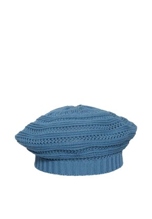 Blue knitted beret with textured, open weave pattern and ribbed band.
