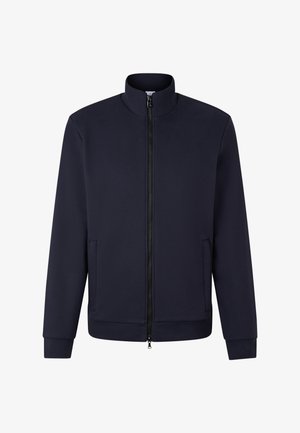 Dunkelblaues Zip-Jackett mit hohem Kragen, langen Ärmeln, Seitentaschen sowie gerippten Bündchen und Saum.