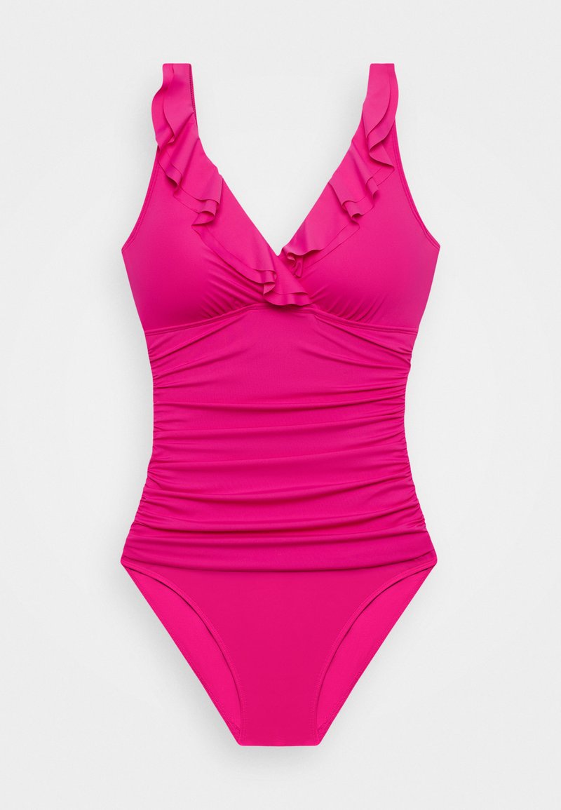 Fuchsia one-piece swimsuit with ruffled v-neckline, gathered fabric details, and smooth texture. Features wide straps and a balanced cut.