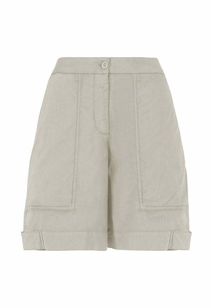 Beige shorts met hoge taille, voor met knoop en ritssluiting, grote gestikte opgestikte zakken en omgeslagen zomen.