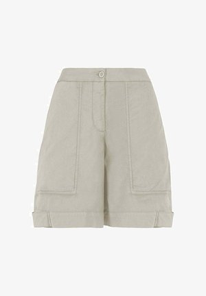 Short beige a vita alta con bottone e cerniera frontale, grandi tasche applicate cucite e orli ripiegati.