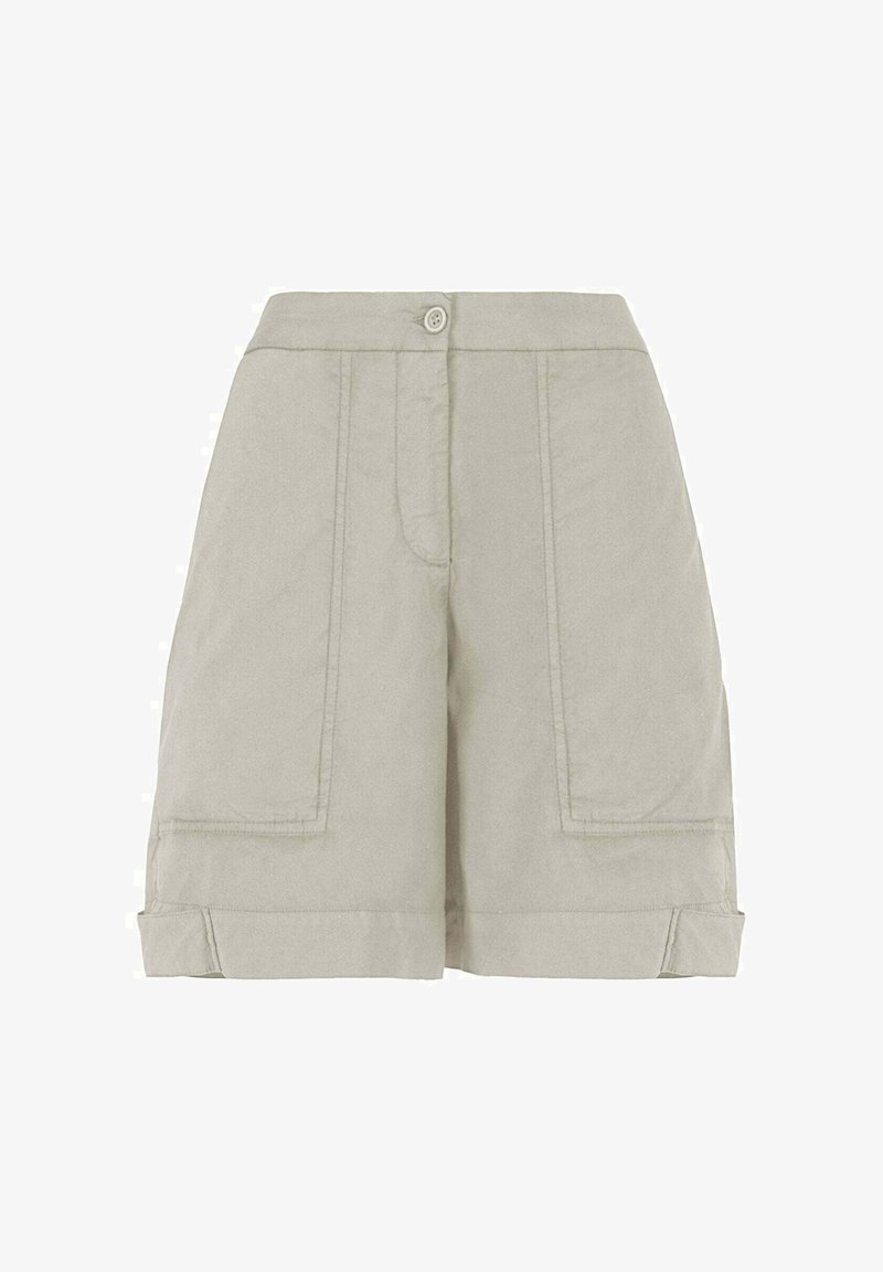 Short beige taille haute avec bouton et fermeture éclair à l'avant, grandes poches plaquées cousues et ourlets repliés.